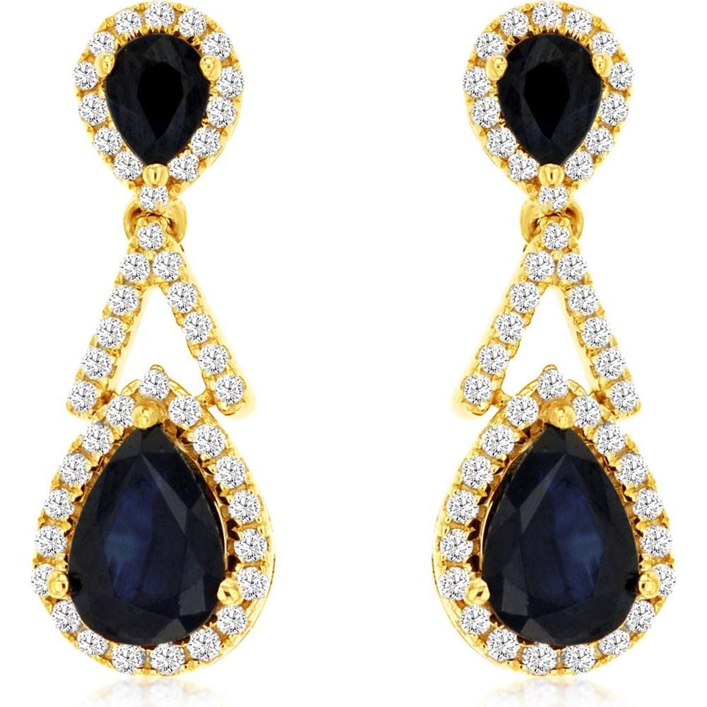 14K Yellow Gold Pear-Shaped Sapphire and Diamond Halo Drop Earrings - 2.08 Carat Total Sapphire Weight and 0.39 Carat Total Diamond Weight - Royal Jewelry