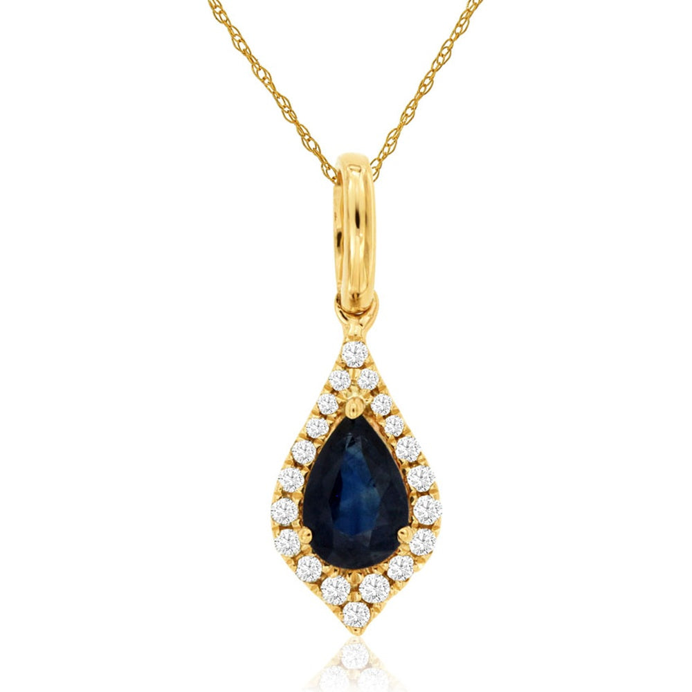 14K Yellow Gold Pear-Shaped Sapphire and Diamond Halo Pendant - 0.40 Carat Sapphire with 0.10 Carat Total Diamond Weight - Royal Jewelry