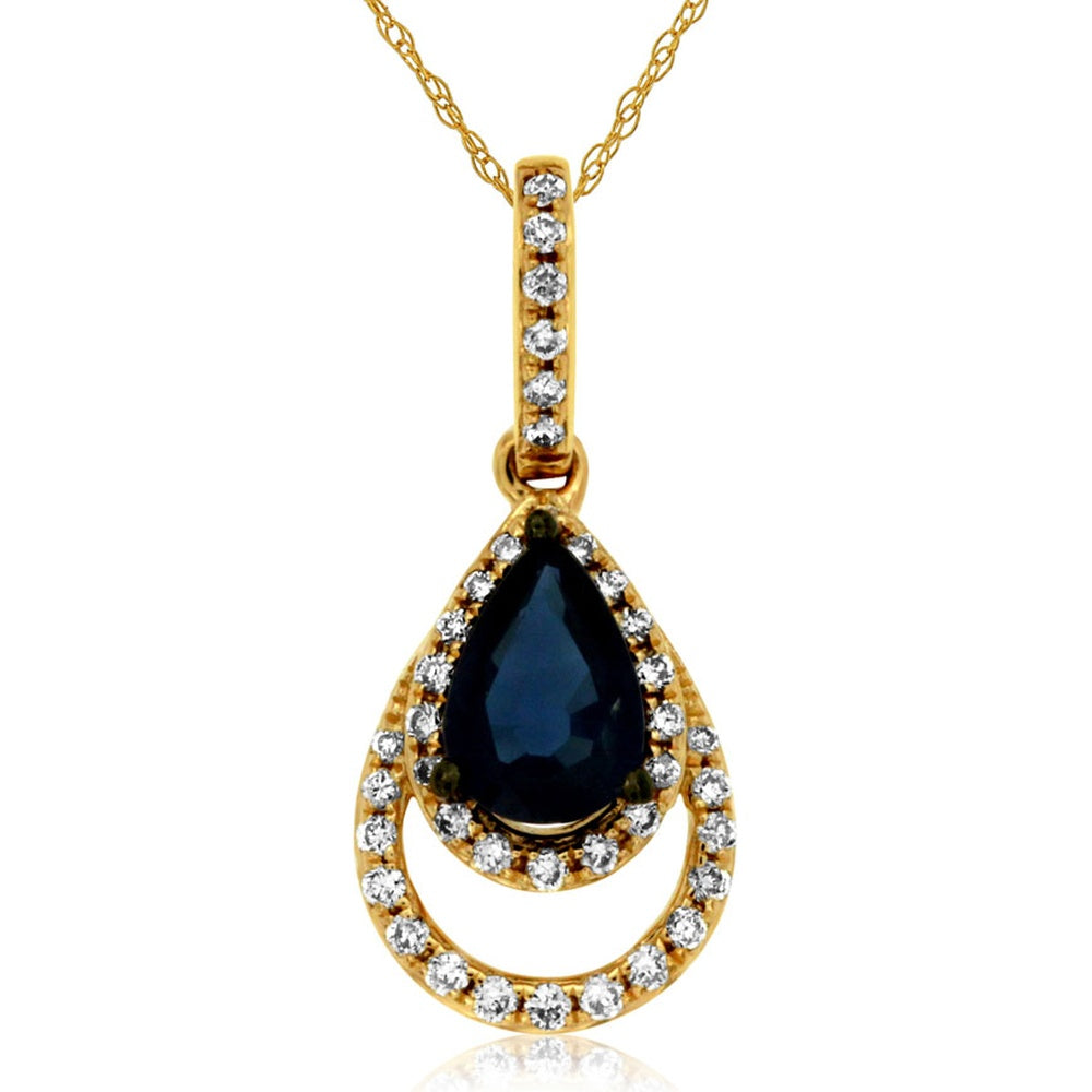 14K Yellow Gold Pear-Shaped Sapphire and Diamond Halo Pendant Necklace - 0.52 Carat Sapphire and 0.11 Carat Diamond Total Weight - Royal Jewelry