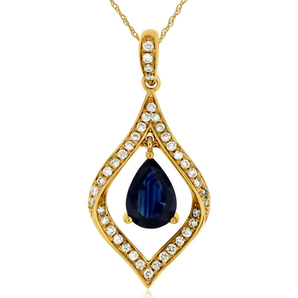 14K Yellow Gold Pear-Shaped Sapphire and Diamond Halo Pendant Necklace - 0.90 Carat Sapphire and 0.17 Carat Total Diamond Weight - Royal Jewelry