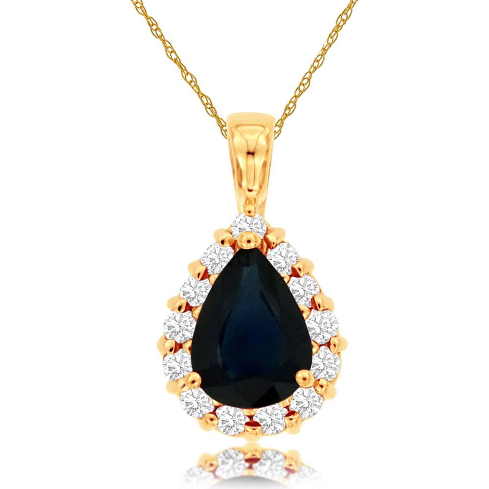 14K Yellow Gold Pear Shaped Sapphire and Diamond Halo Pendant Necklace - 1.45 Carat Sapphire and 0.30 Carat Total Diamond Weight - Royal Jewelry
