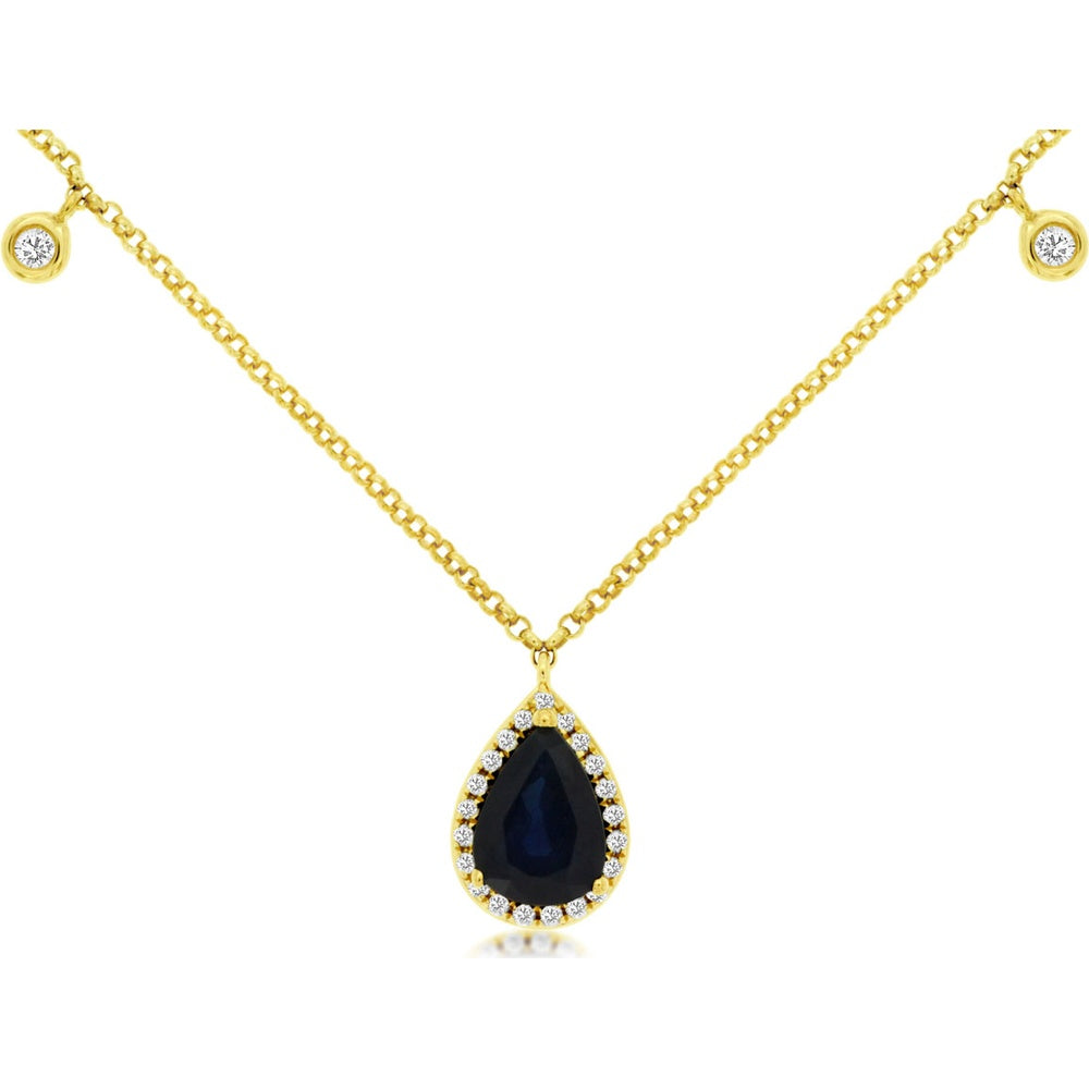 14K Yellow Gold Pear-Shaped Sapphire and Diamond Halo Station Necklace - 0.88 Carat Sapphire and 0.12 Carat Total Diamond Weight - Royal Jewelry