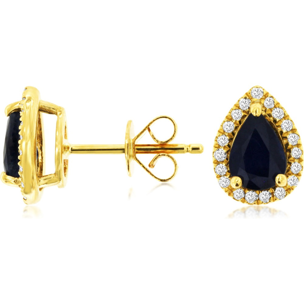 14K Yellow Gold Pear-Shaped Sapphire and Diamond Halo Stud Earrings - 1.75 Carat Total Sapphire Weight and 0.20 Carat Total Diamond Weight - Royal Jewelry