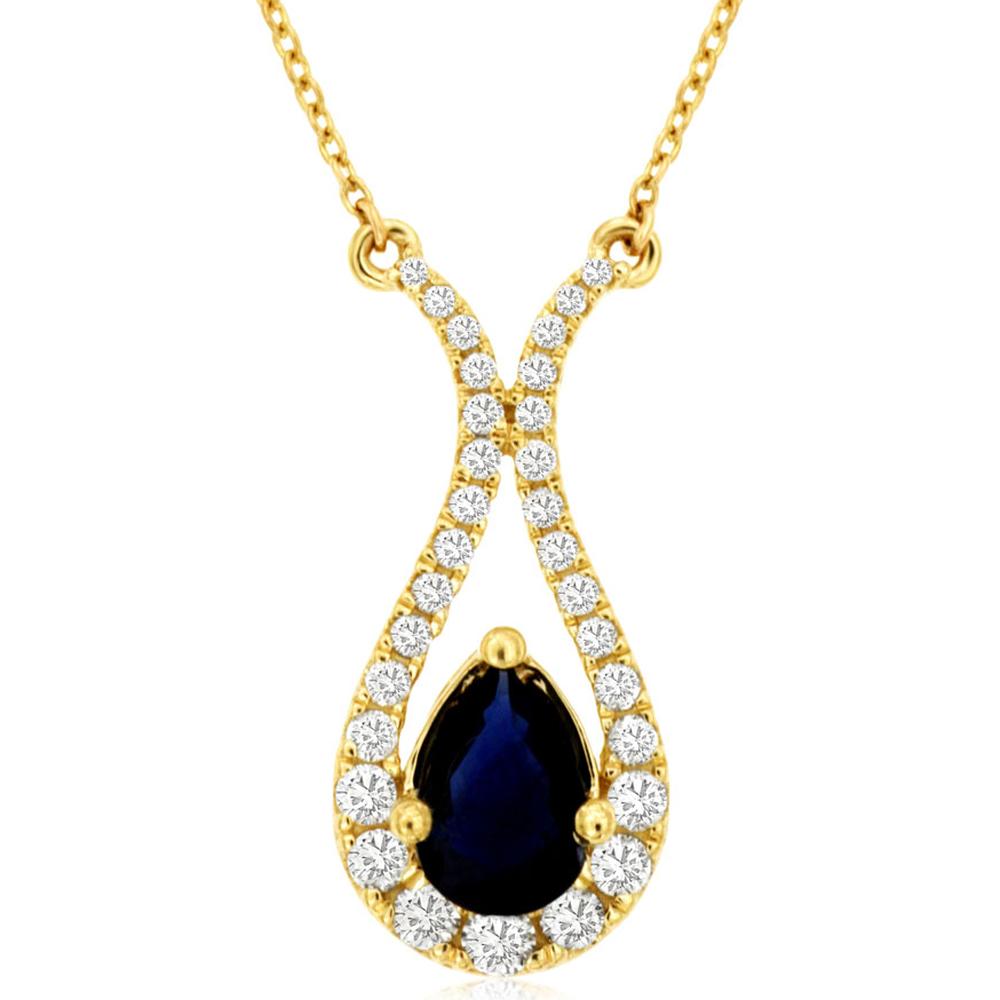14K Yellow Gold Pear-Shaped Sapphire and Diamond Pendant Necklace with 0.88 Carat Sapphire and 0.33 Carat Total Diamond Weight - Royal Jewelry
