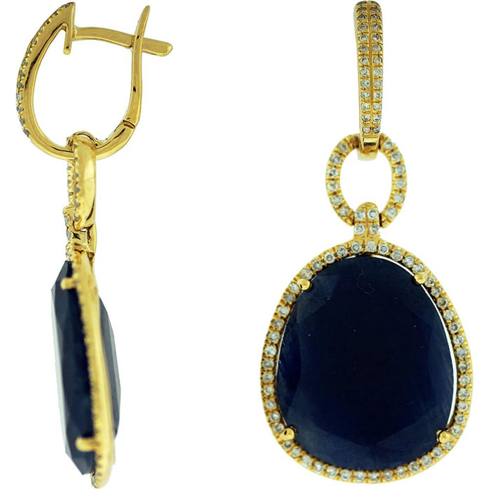 14K Yellow Gold Pear-Shaped Sapphire Drop Earrings with Round Diamond Halo - 25.00 Carat Total Sapphire Weight and 0.60 Carat Total Diamond Weight - Royal Jewelry
