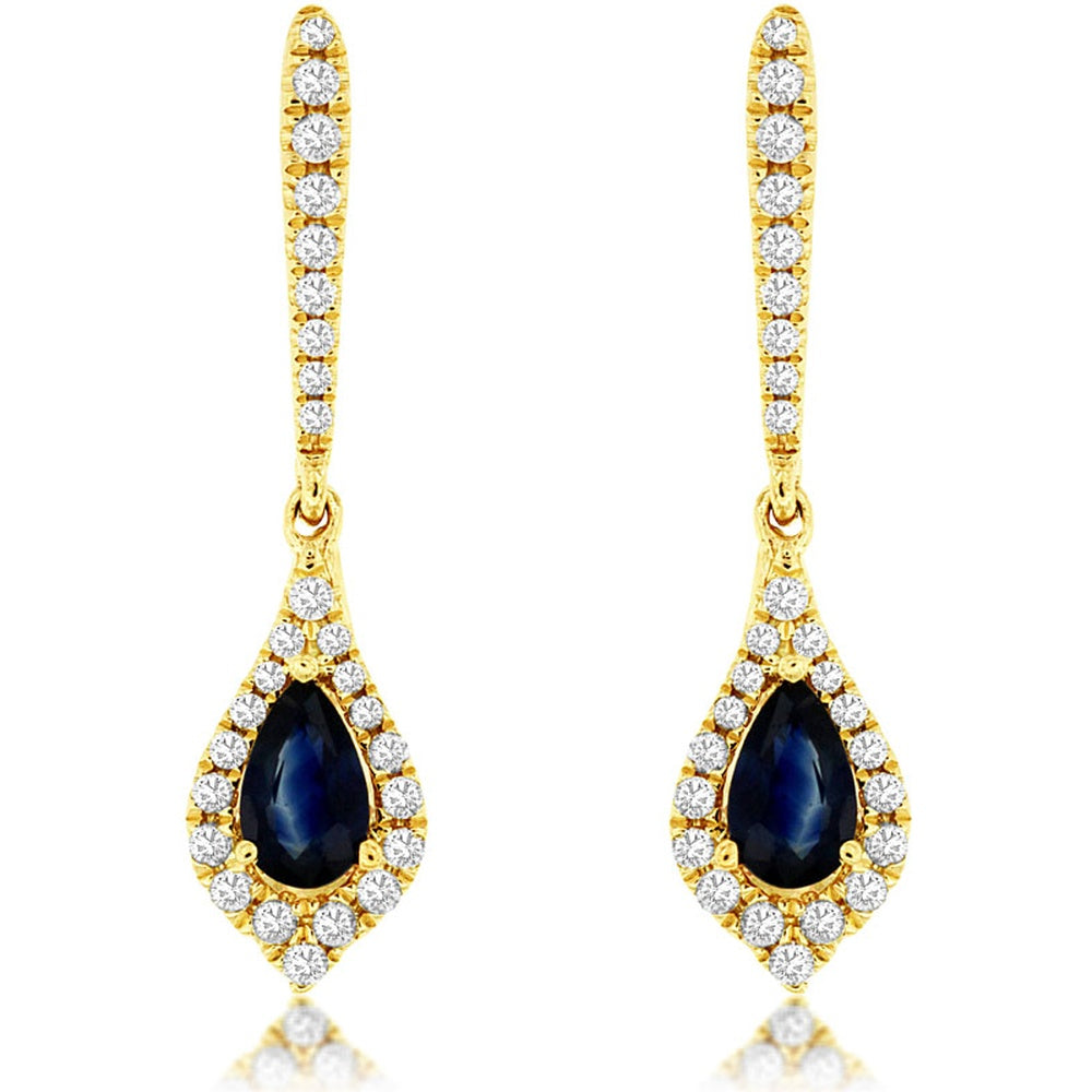 14K Yellow Gold Pear-Shaped Sapphire Halo Drop Earrings with Round Diamonds - 0.55 Carat Total Sapphire Weight and 0.22 Carat Total Diamond Weight - Royal Jewelry