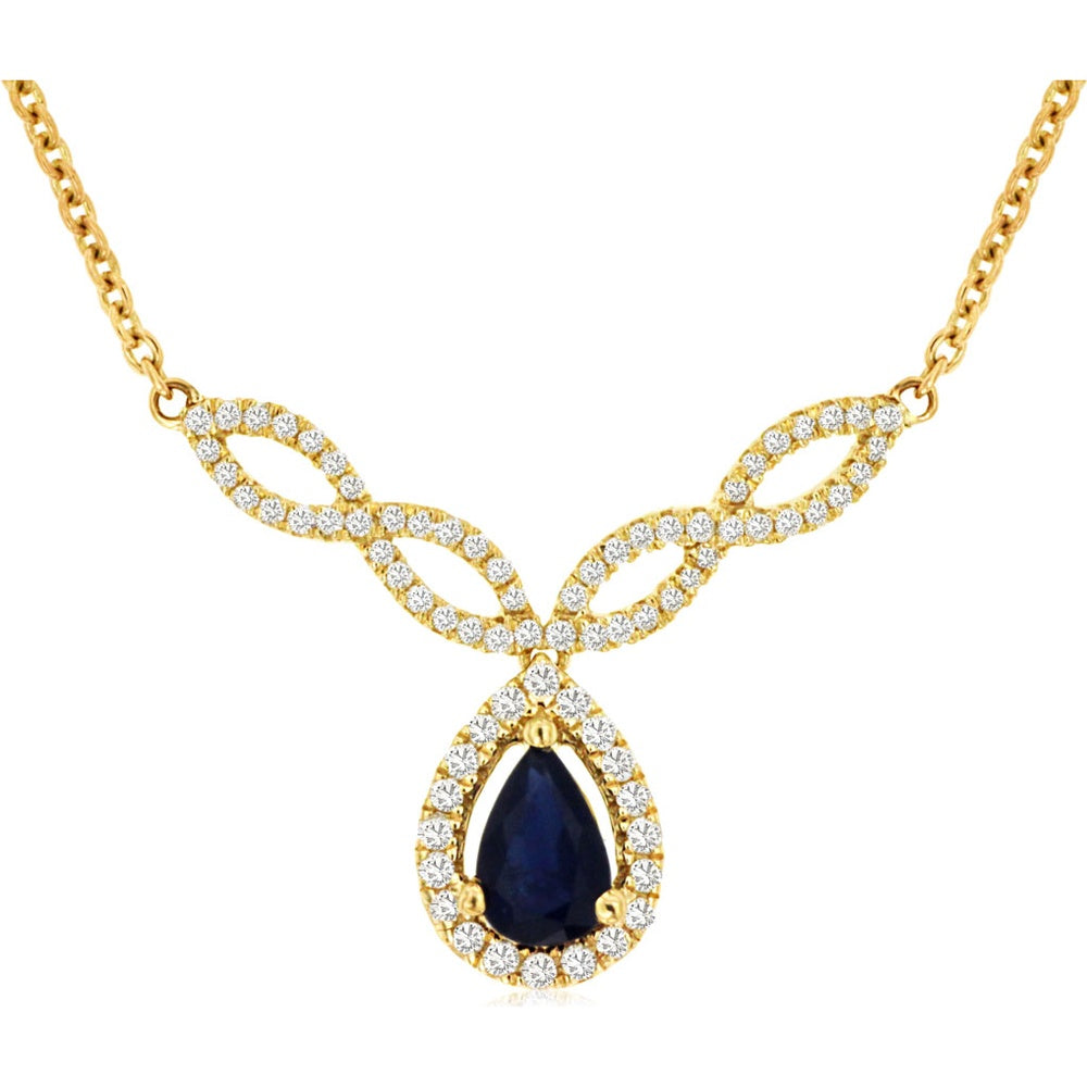 14K Yellow Gold Pear-Shaped Sapphire Pendant Necklace with Prong-Set Diamond Halo and Twisted Diamond Accents - 0.53 Carat Sapphire and 0.25 Carat Total Diamond Weight - Royal Jewelry