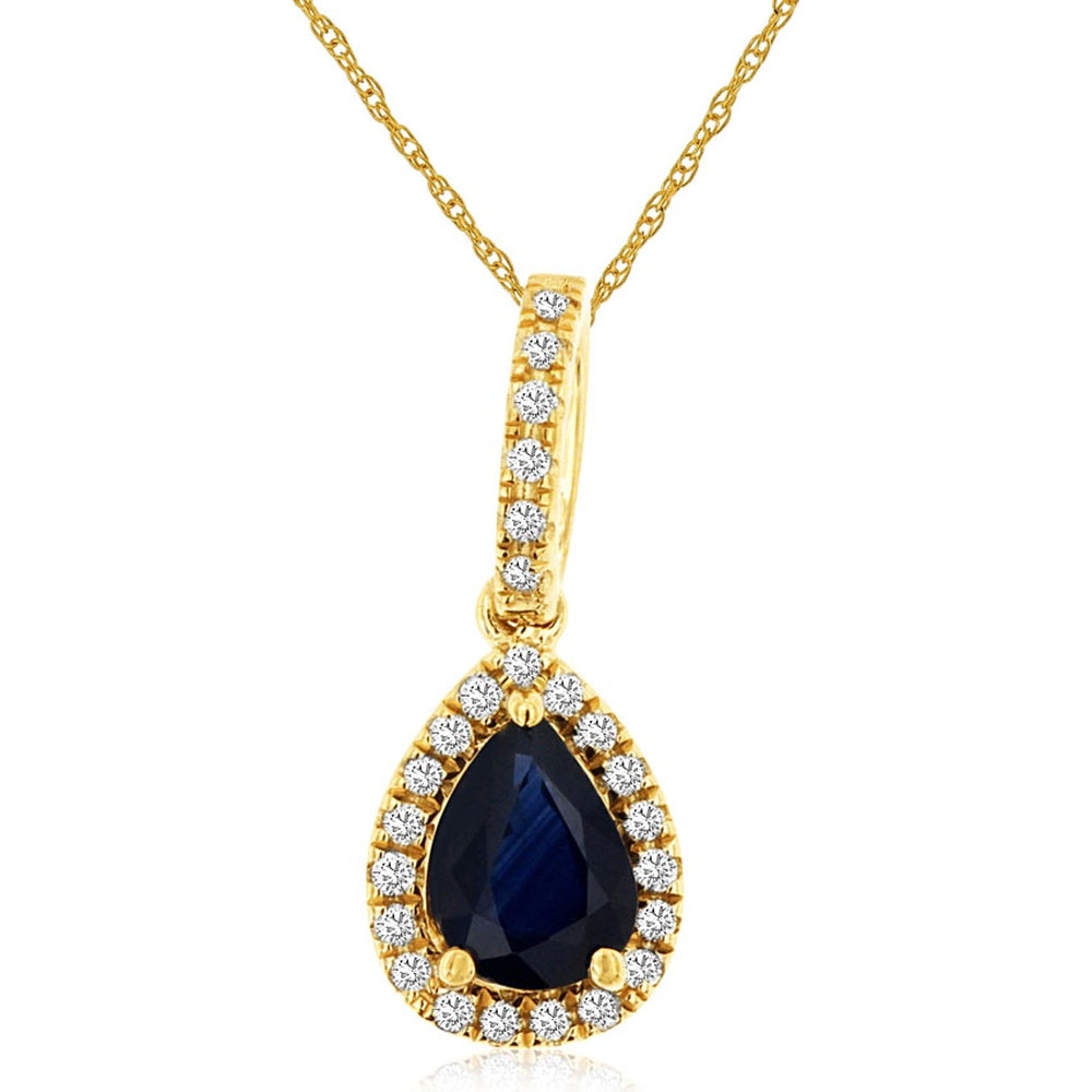 14K Yellow Gold Pear-Shaped Sapphire Pendant with Diamond Halo and Diamond-Accented Bail - 0.88 Carat Sapphire and 0.13 Carat Total Diamond Weight - Royal Jewelry