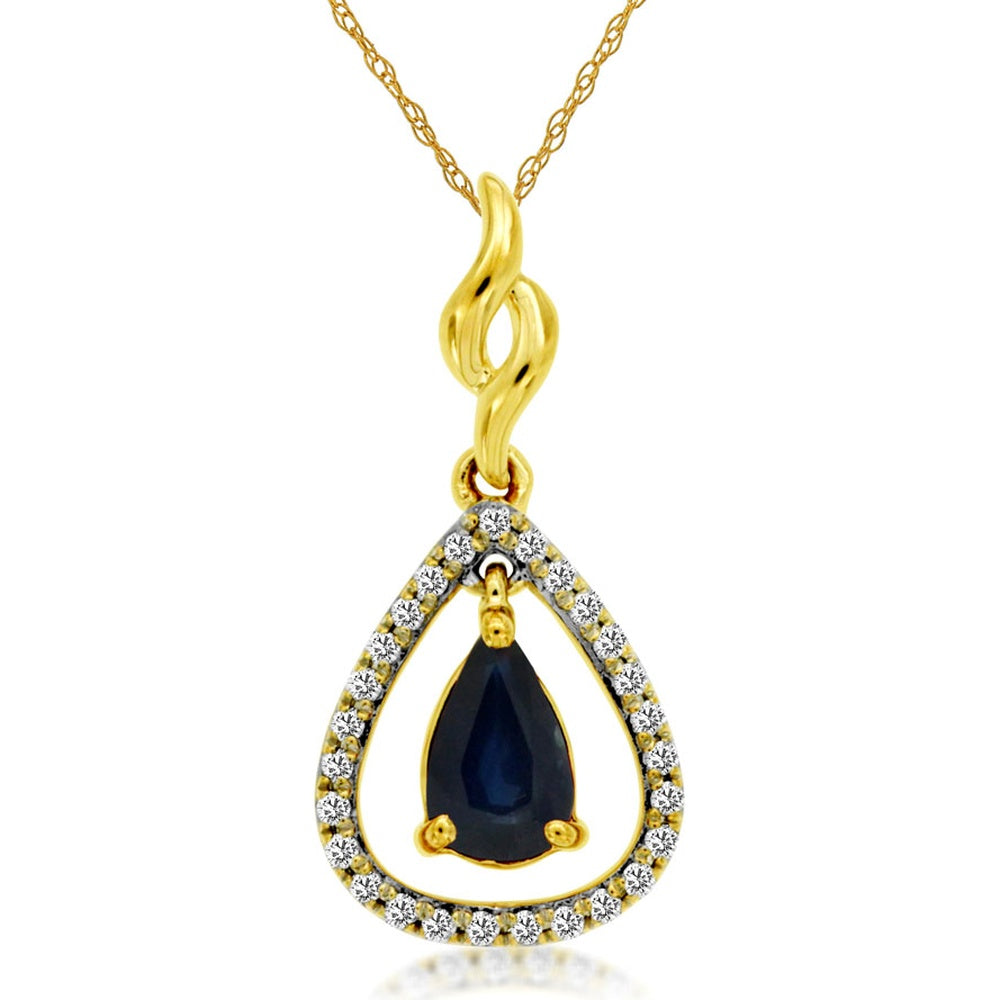 14K Yellow Gold Pear-Shaped Sapphire Pendant with Round Diamond Halo - 0.55 Carat Sapphire and 0.08 Carat Total Diamond Weight - Royal Jewelry