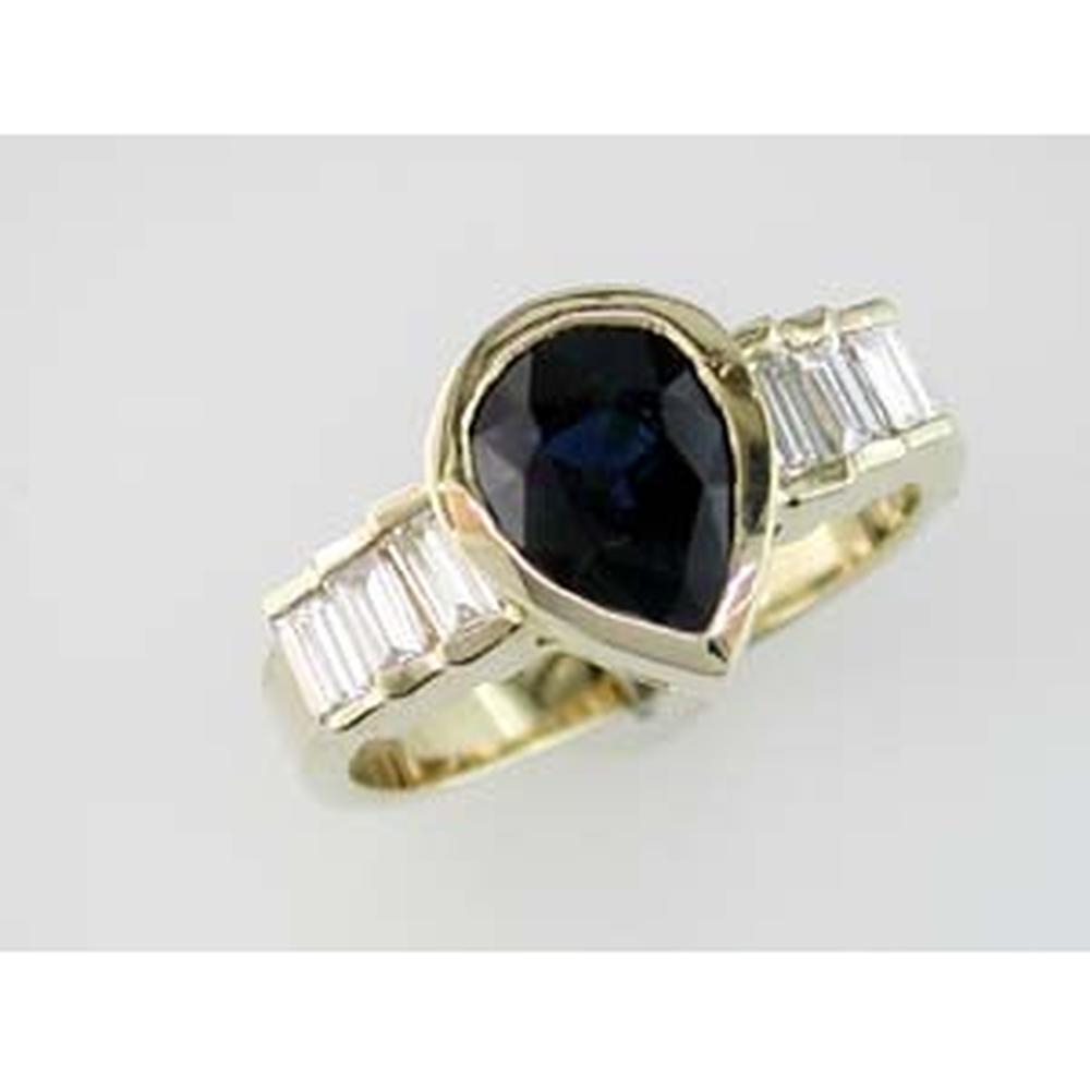 14K Yellow Gold Pear-Shaped Sapphire Ring with Baguette Diamond Accents - 2.20 Carat Sapphire, 0.45 Carat Diamond Total Weight - Royal Jewelry