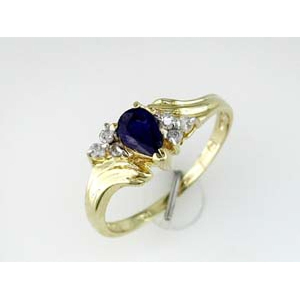 14K Yellow Gold Pear-Shaped Sapphire Ring with Round Diamond Accents - 0.13 Carat Total Diamond Weight - Royal Jewelry