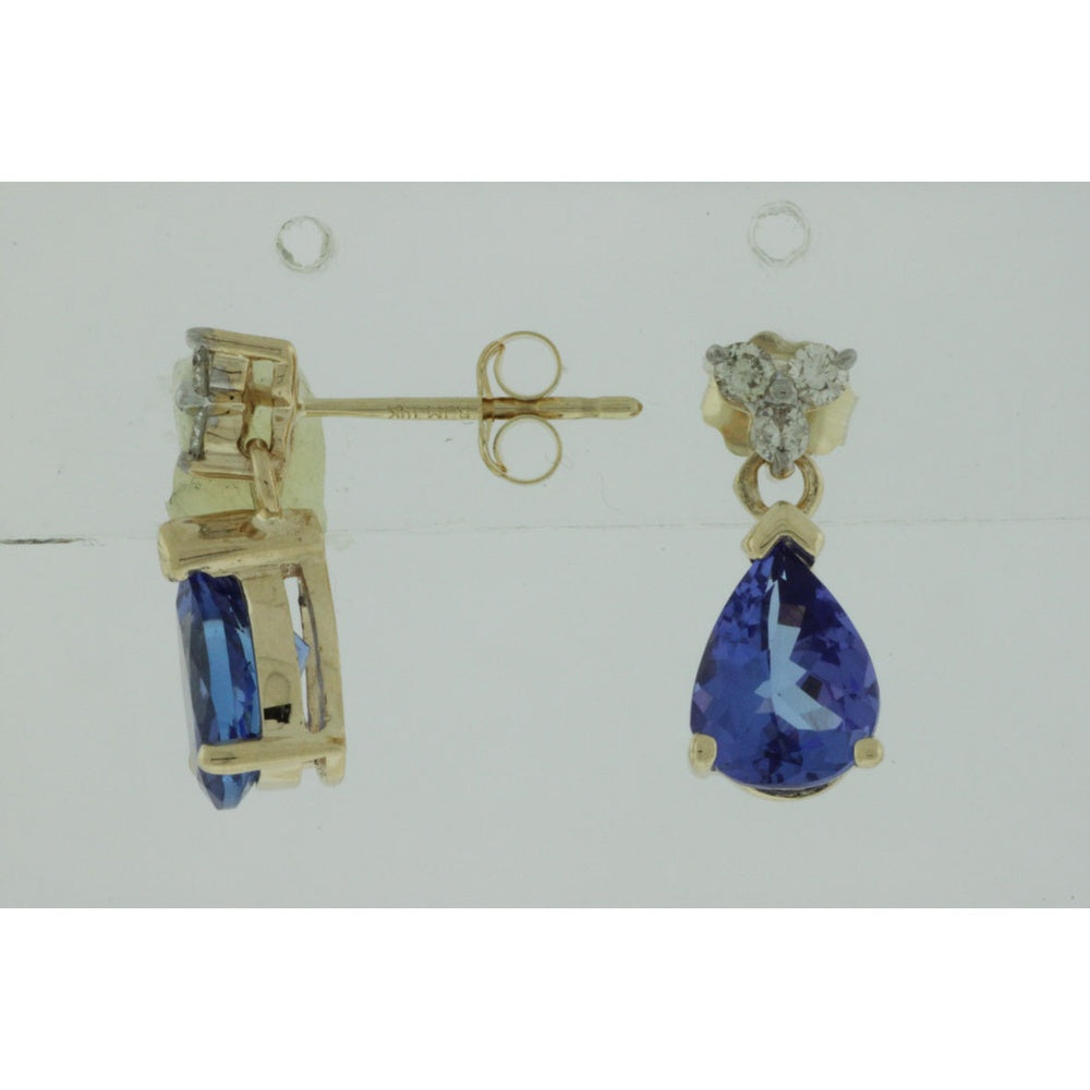 14K Yellow Gold Pear-Shaped Tanzanite and Diamond Drop Earrings - 2.30 Carat Total Tanzanite Weight with 0.20 Carat Diamond Accents - Royal Jewelry