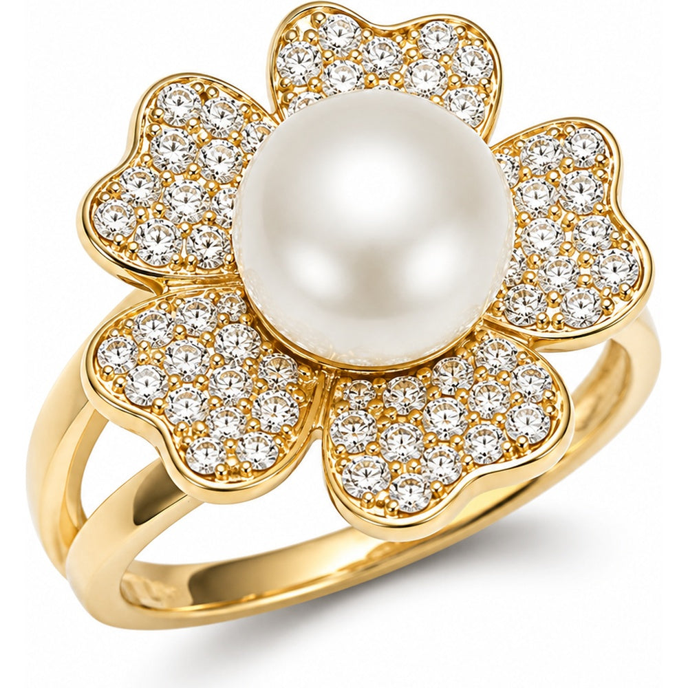 14K Yellow Gold Pearl and Round Diamond Flower Fashion Ring with Split Shank - 0.91 Carat Total Diamond Weight by Auriventus
