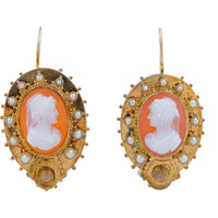 14K Yellow Gold Pearl Cameo Drop Earrings - Hand - Carved White Cameos with Halo of Pearls - Total Pearl Weight 1 Carat