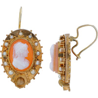 14K Yellow Gold Pearl Cameo Drop Earrings - Hand - Carved White Cameos with Halo of Pearls - Total Pearl Weight 1 Carat