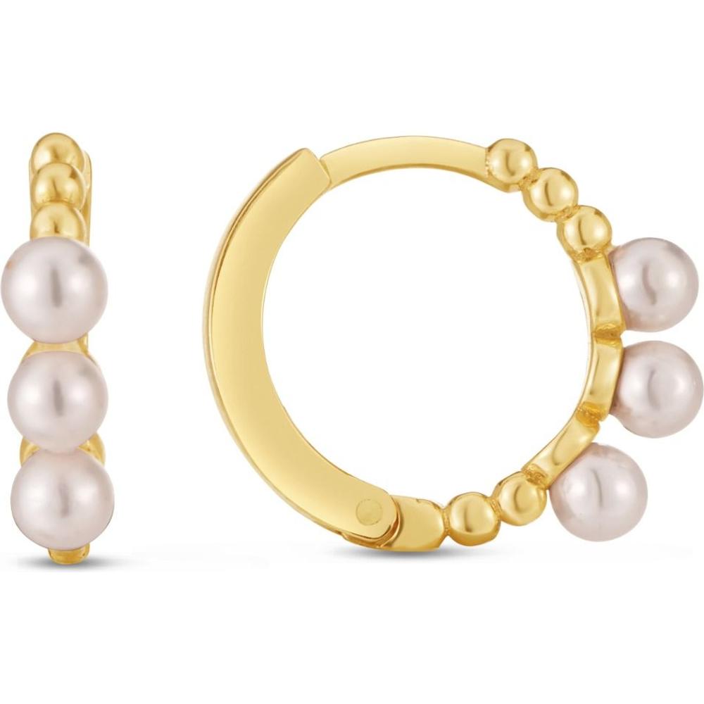 14K Yellow Gold Pearl Huggie Earrings with 3mm Freshwater Pearls and Snap Clasp by Orozza Fine Jewelry