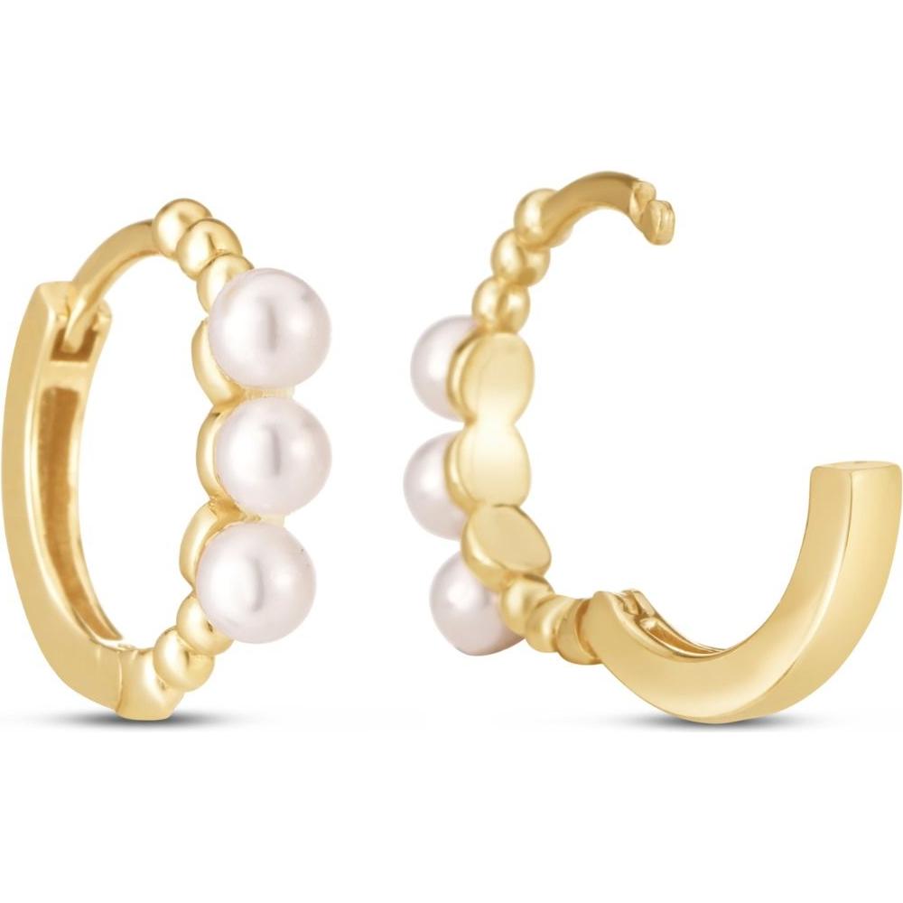 14K Yellow Gold Pearl Huggie Earrings with 3mm Freshwater Pearls and Snap Clasp by Orozza Fine Jewelry