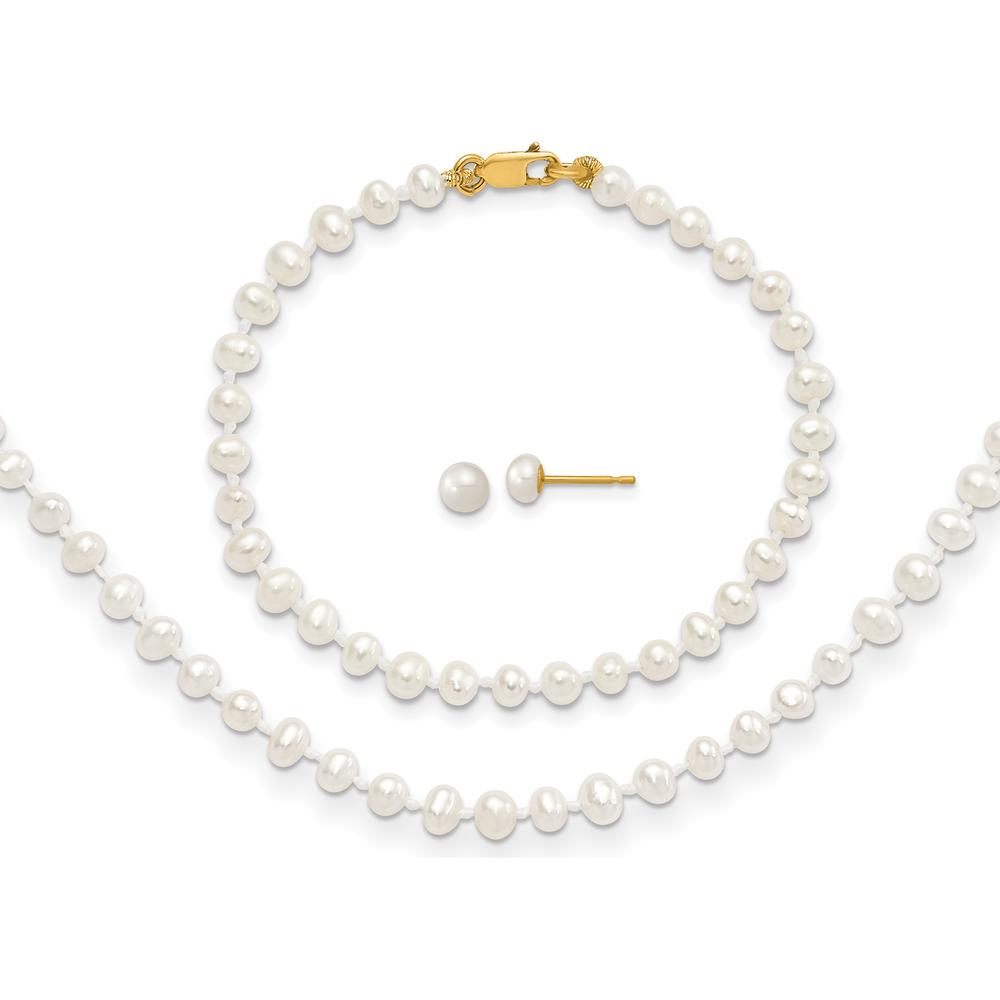 14K Yellow Gold Pearl Jewelry Set with Freshwater Cultured Pearls - Necklace 14", Bracelet 5", Earrings with Post Closure by Oro Pregiato