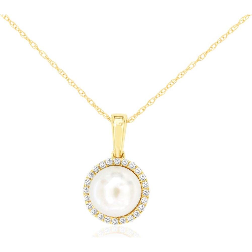 14K Yellow Gold Pearl Pendant Necklace with Diamond Halo - 0.08 Carat Total Diamond Weight - Royal Jewelry