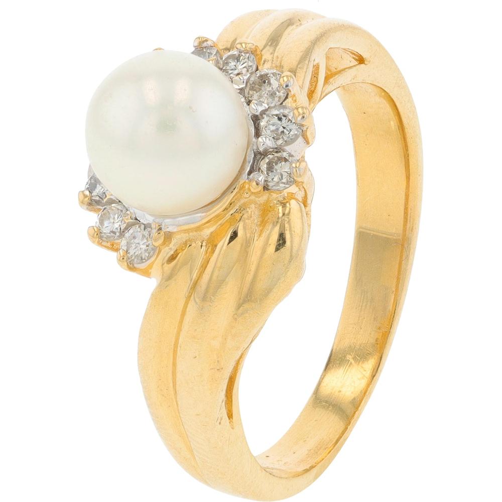14K Yellow Gold Pearl Ring with Diamond Accents - 0.16 Carat Total Diamond Weight