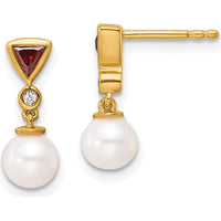 14K Yellow Gold Pearl, Ruby, and Diamond Dangle Earrings - 1.0 Carats Total Gem Weight by Monteluci Fine Jewelry