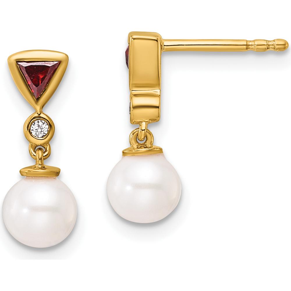 14K Yellow Gold Pearl, Ruby, and Diamond Dangle Earrings - 1.0 Carats Total Gem Weight by Monteluci Fine Jewelry