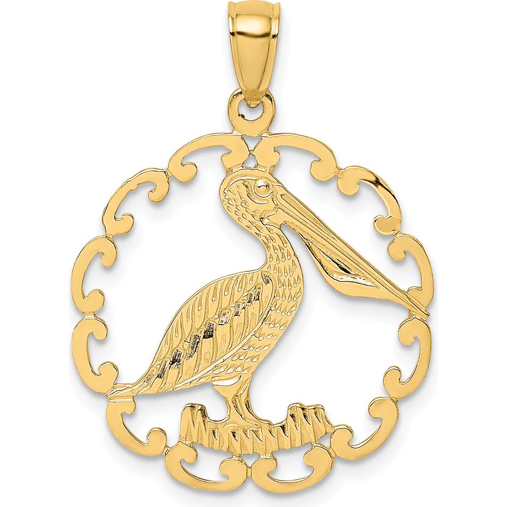 14K Yellow Gold Pelican Pendant with Open Scrollwork Frame by Oro Pregiato