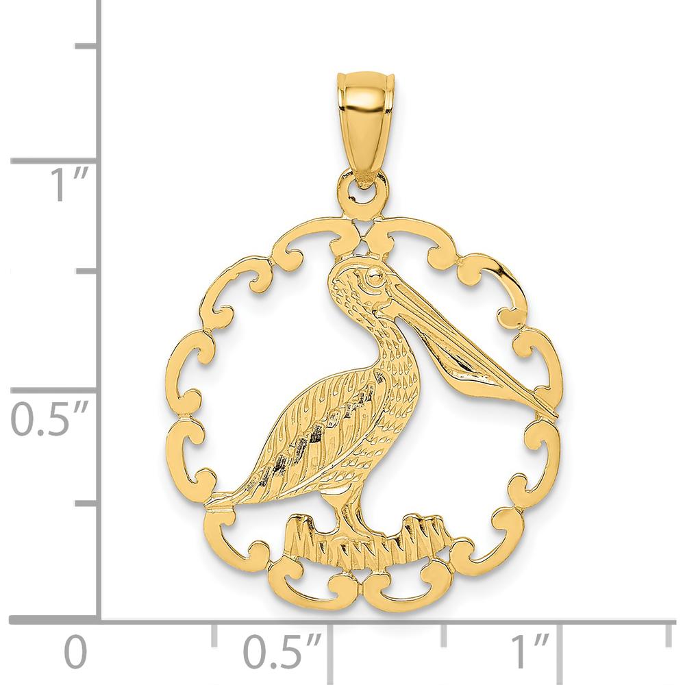 14K Yellow Gold Pelican Pendant with Open Scrollwork Frame by Oro Pregiato