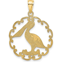 14K Yellow Gold Pelican Pendant with Open Scrollwork Frame by Oro Pregiato
