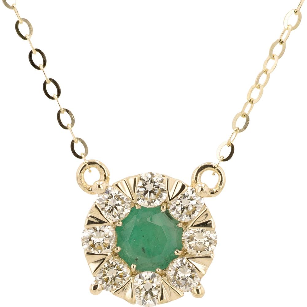 14K Yellow Gold Pendant Necklace with 0.50 - 0.65 Carat Round Emerald and 0.60 Carat Diamond Halo