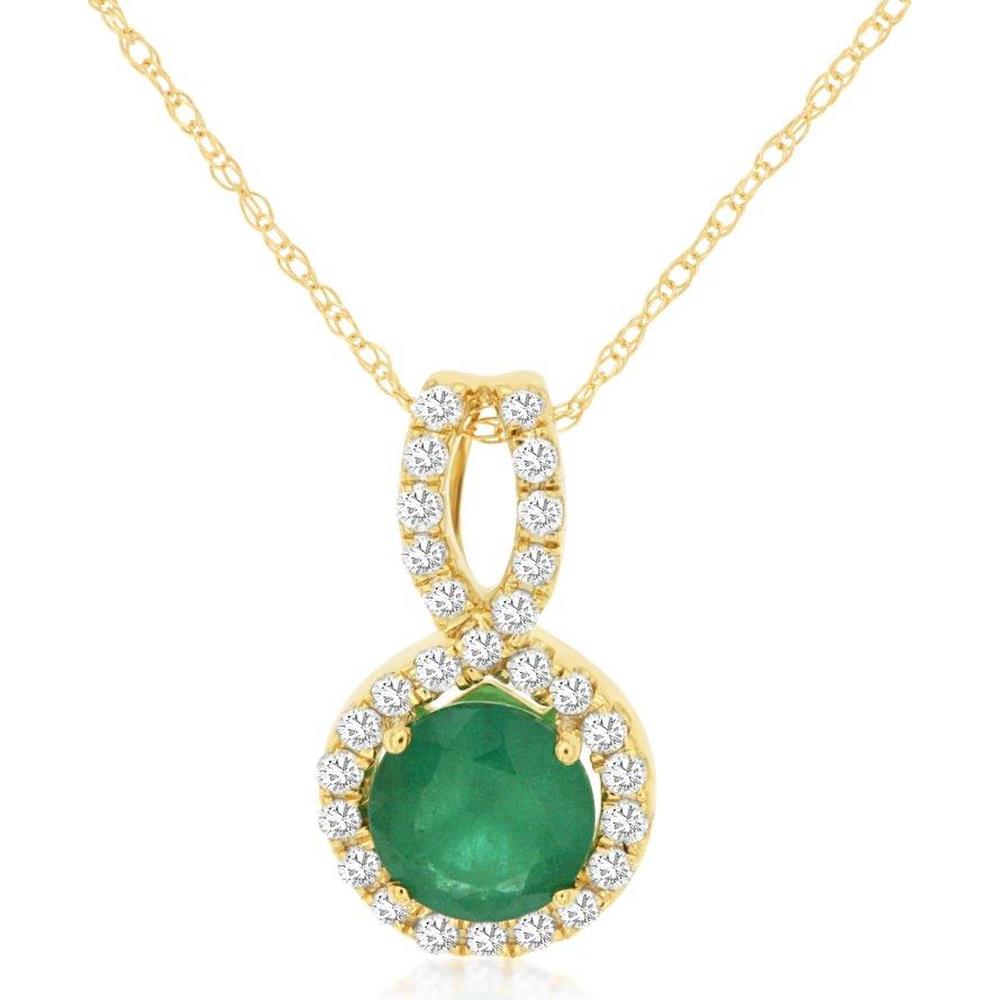 14K Yellow Gold Pendant Necklace with 0.76 Carat Round Emerald and 0.20 Carat Diamond Halo - Royal Jewelry