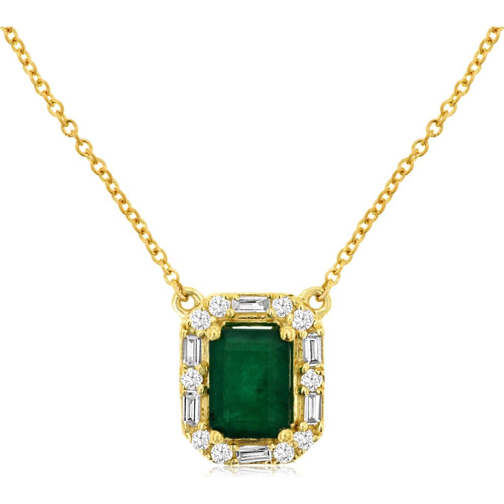 14K Yellow Gold Pendant Necklace with 1.00 Carat Emerald Cut Emerald and 0.19 Carat Alternating Round & Baguette Diamond Halo - Royal Jewelry