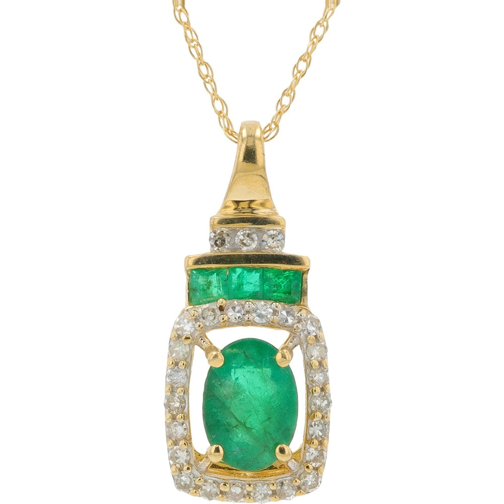 14K Yellow Gold Pendant Necklace with Cabochon Emerald and Halo Set Round Diamonds - 0.20 Carat Total Diamond Weight