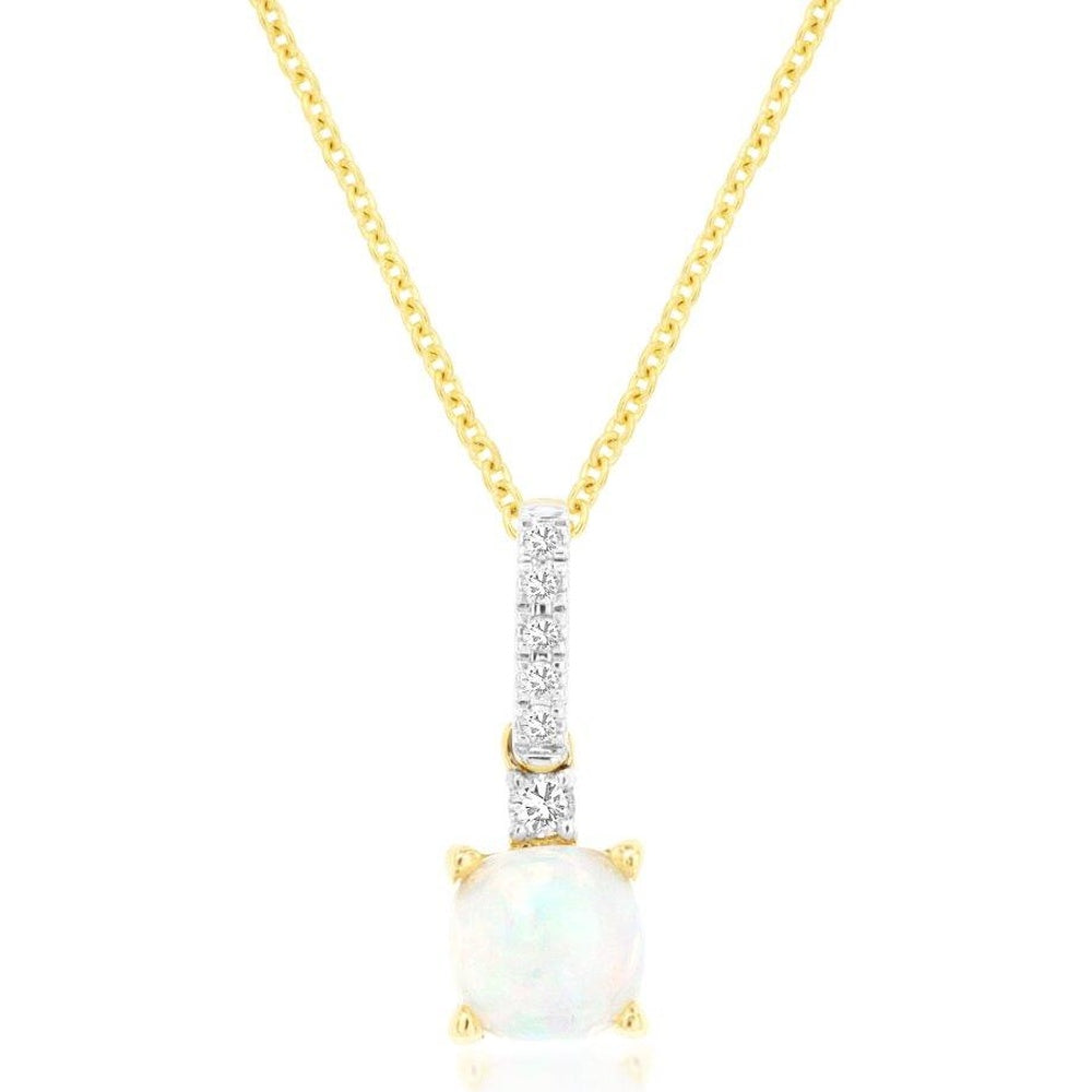 14K Yellow Gold Pendant Necklace with Cabochon Opal and Pavé-Set Round Diamonds - 0.60 Carat Opal and 0.07 Carat Diamond Total Weight - Royal Jewelry