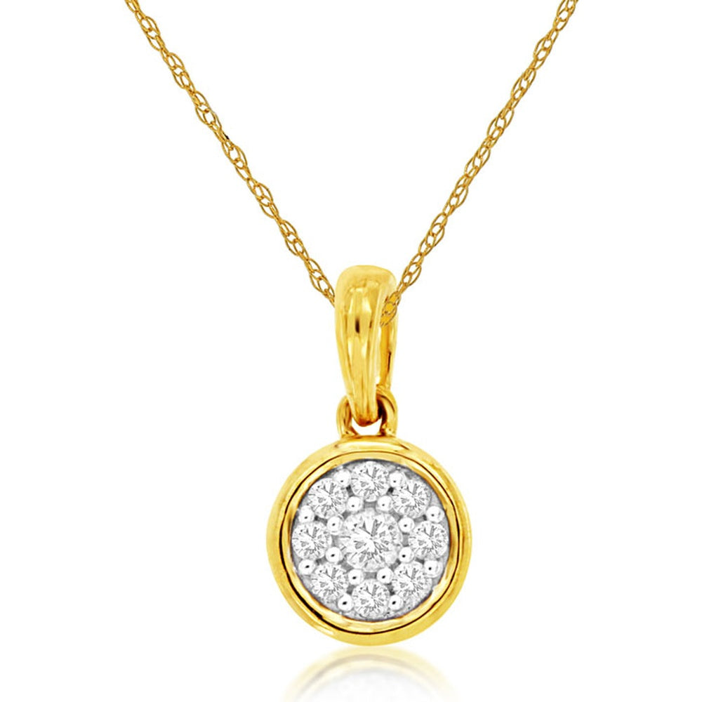 14K Yellow Gold Pendant Necklace with Cluster-Set Round Diamonds - 0.09 Carat Total Diamond Weight - Royal Jewelry
