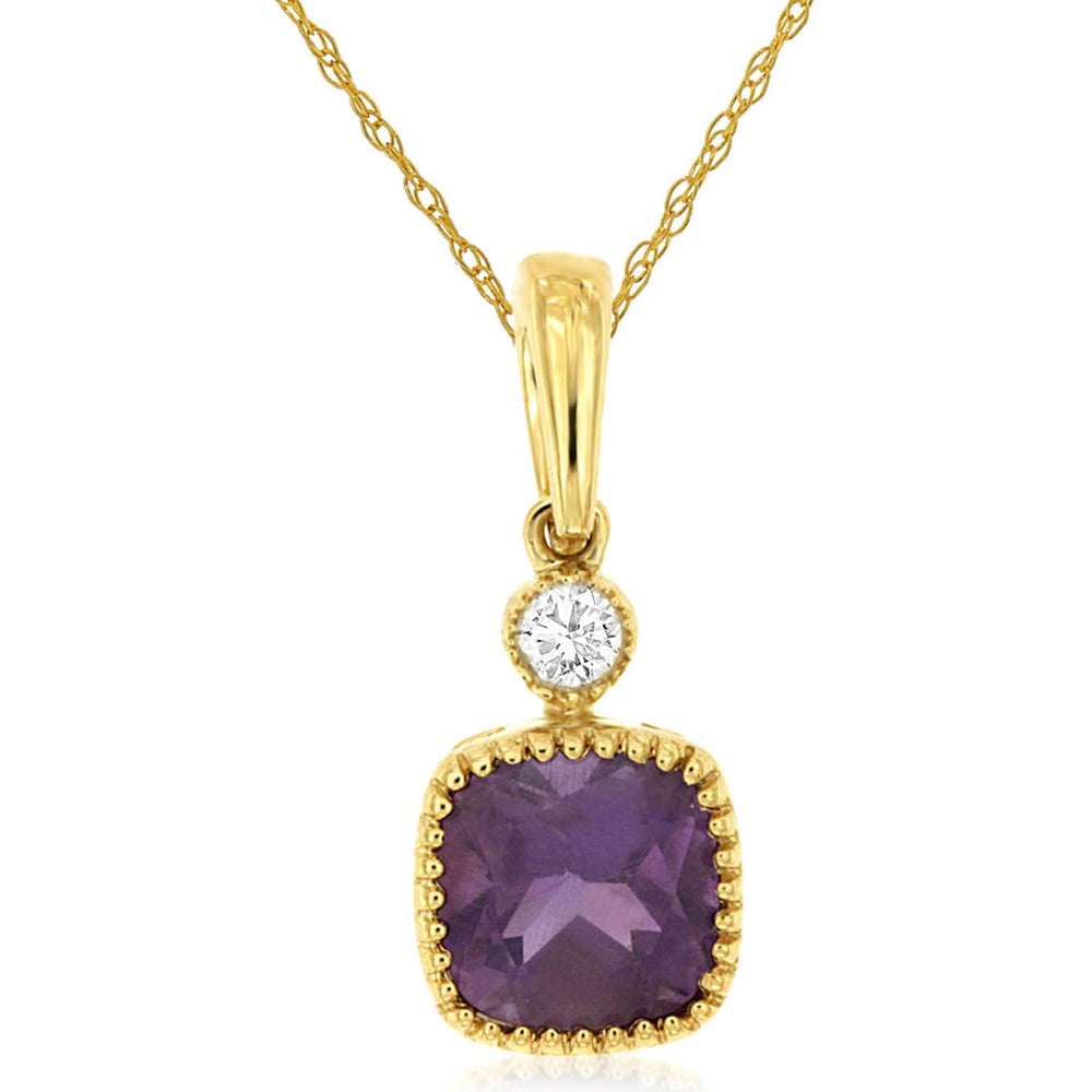 14K Yellow Gold Pendant Necklace with Cushion-Cut Amethyst and Bezel-Set Round Diamond Accent - 0.75 Carat Amethyst and 0.03 Carat Diamond - Royal Jewelry