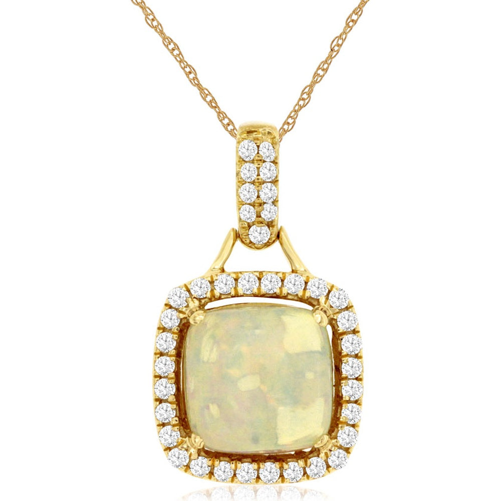 14K Yellow Gold Pendant Necklace with Cushion-Cut Opal and Round Diamond Halo - 1.40 Carat Opal and 0.24 Carat Total Diamond Weight - Royal Jewelry