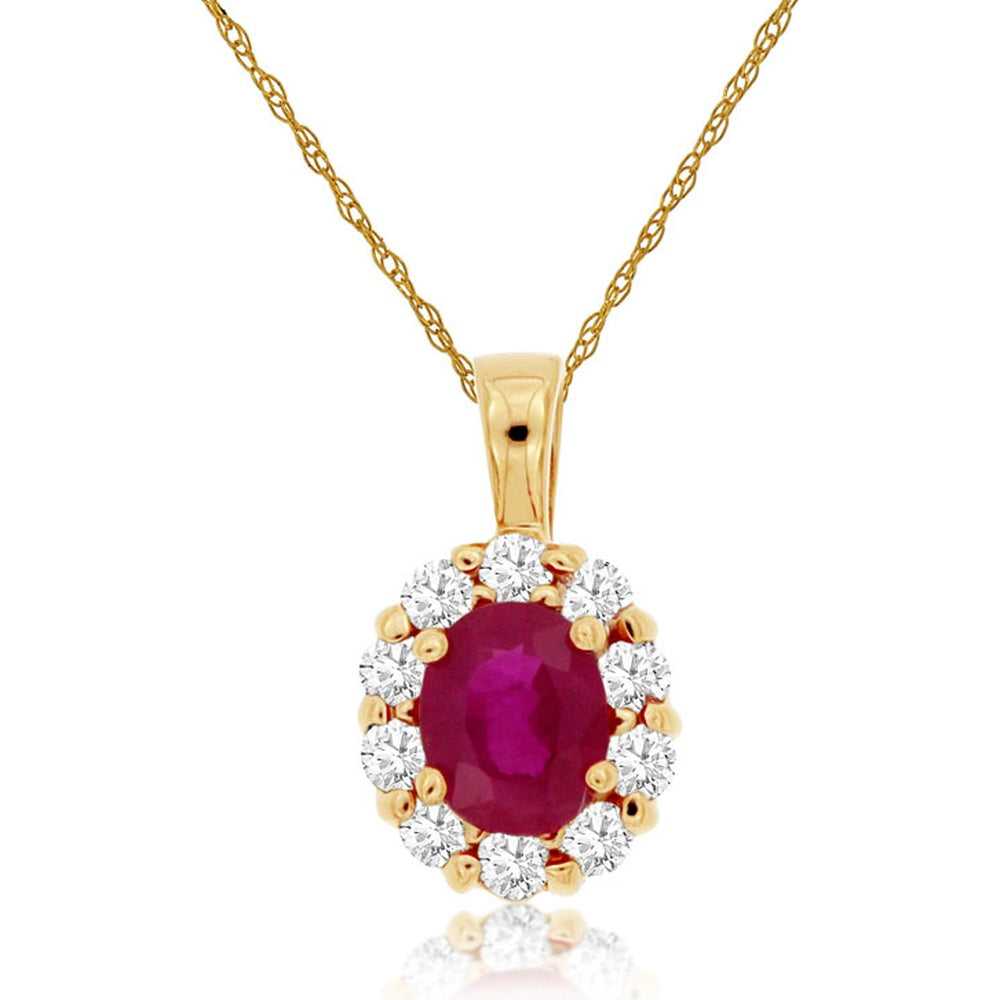 14K Yellow Gold Pendant Necklace with Halo-Set Oval Ruby and Round Diamonds - 0.40 Carat Ruby and 0.20 Carat Total Diamond Weight - Royal Jewelry