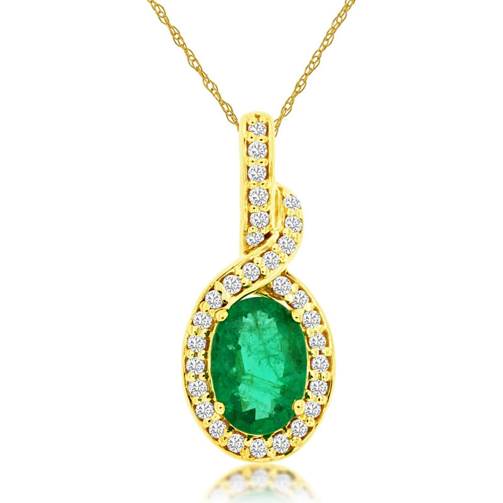 14K Yellow Gold Pendant Necklace with Oval Emerald and Diamond Halo - 0.70 Carat Emerald and 0.12 Carat Total Diamond Weight - Royal Jewelry