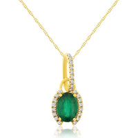 14K Yellow Gold Pendant Necklace with Oval Emerald and Pavé Diamond Halo and Bale - 0.75 Carat Emerald and 0.10 Carat Total Diamond Weight - Royal Jewelry