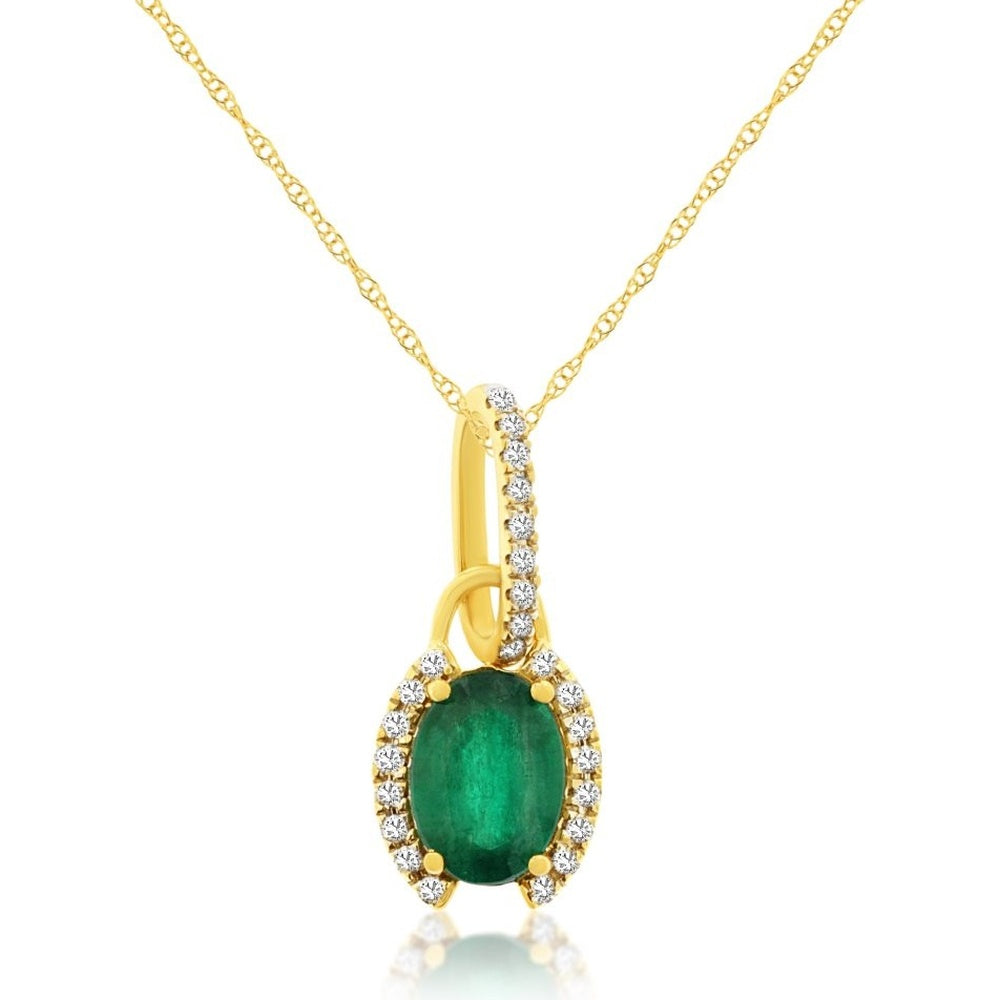 14K Yellow Gold Pendant Necklace with Oval Emerald and Pavé Diamond Halo and Bale - 0.75 Carat Emerald and 0.10 Carat Total Diamond Weight - Royal Jewelry
