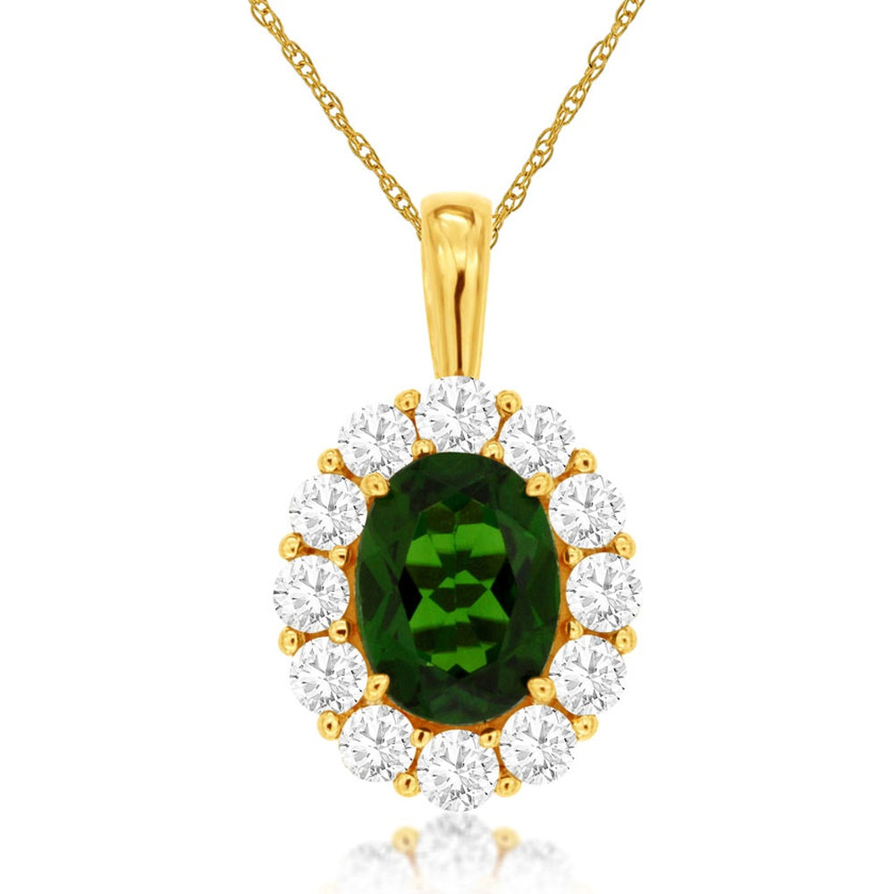 14K Yellow Gold Pendant Necklace with Oval Russalite Gemstone and Round Diamond Halo - 1.30 Carat Russalite and 0.75 Carat Total Diamond Weight - Royal Jewelry