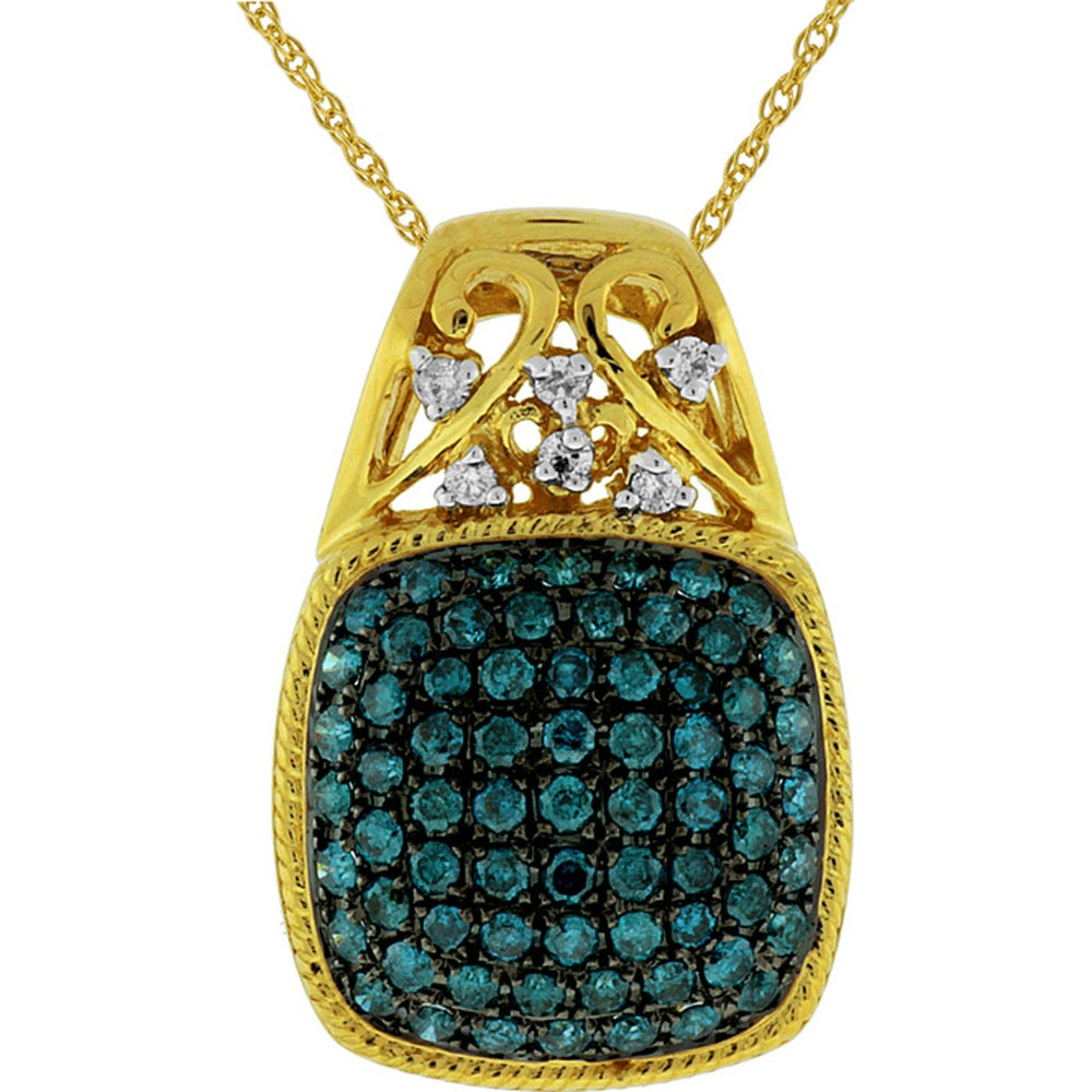14K Yellow Gold Pendant Necklace with Pave Set Blue Diamonds and Prong Set Round White Diamond Accents - 0.88 Carat Total Blue Diamond Weight and 0.06 Carat Total White Diamond Weight - Royal Jewelry