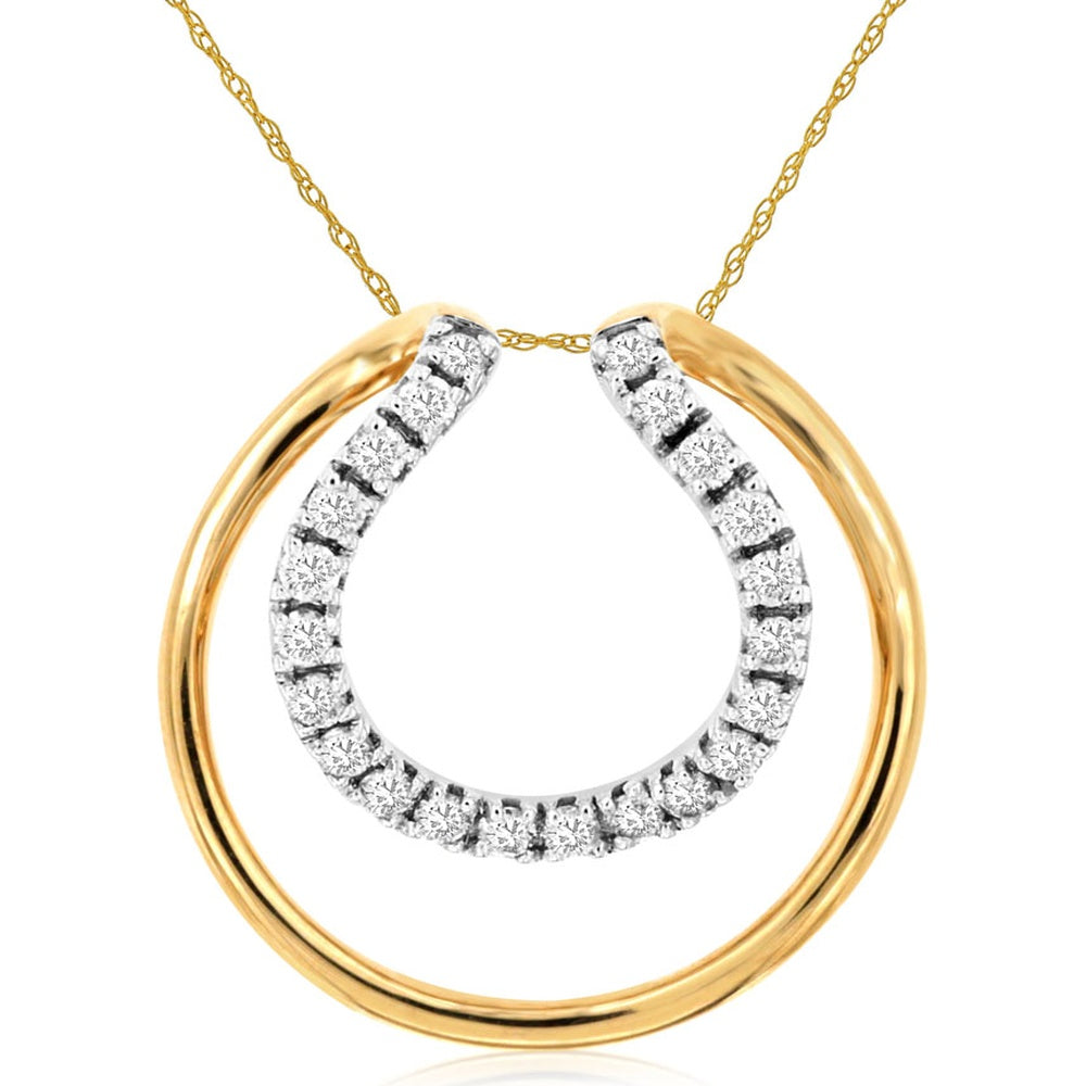 14K Yellow Gold Pendant Necklace with Polished Open Hoop and U-Prong Set Round Diamond Horseshoe Accent - 0.16 Carat Total Diamond Weight - Royal Jewelry