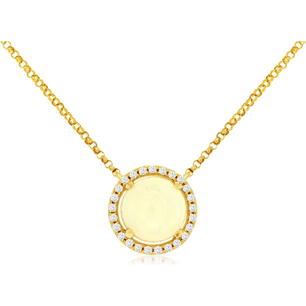 14K Yellow Gold Pendant Necklace with Round Cabochon Opal and Diamond Halo - 1.20 Carat Opal and 0.14 Carat Total Diamond Weight - Royal Jewelry