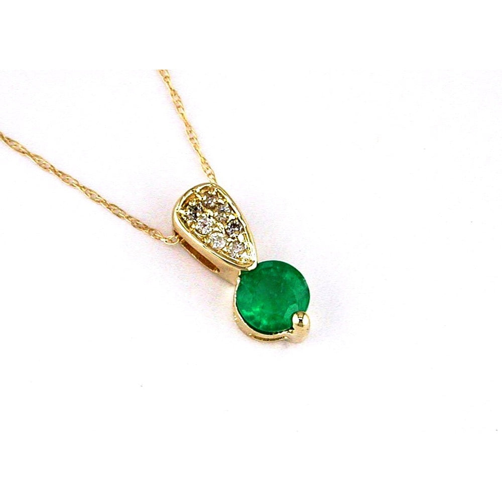 14K Yellow Gold Pendant Necklace with Round Emerald and Diamond Cluster Bail - 0.56 Carat Emerald and 0.08 Carat Total Diamond Weight - Royal Jewelry