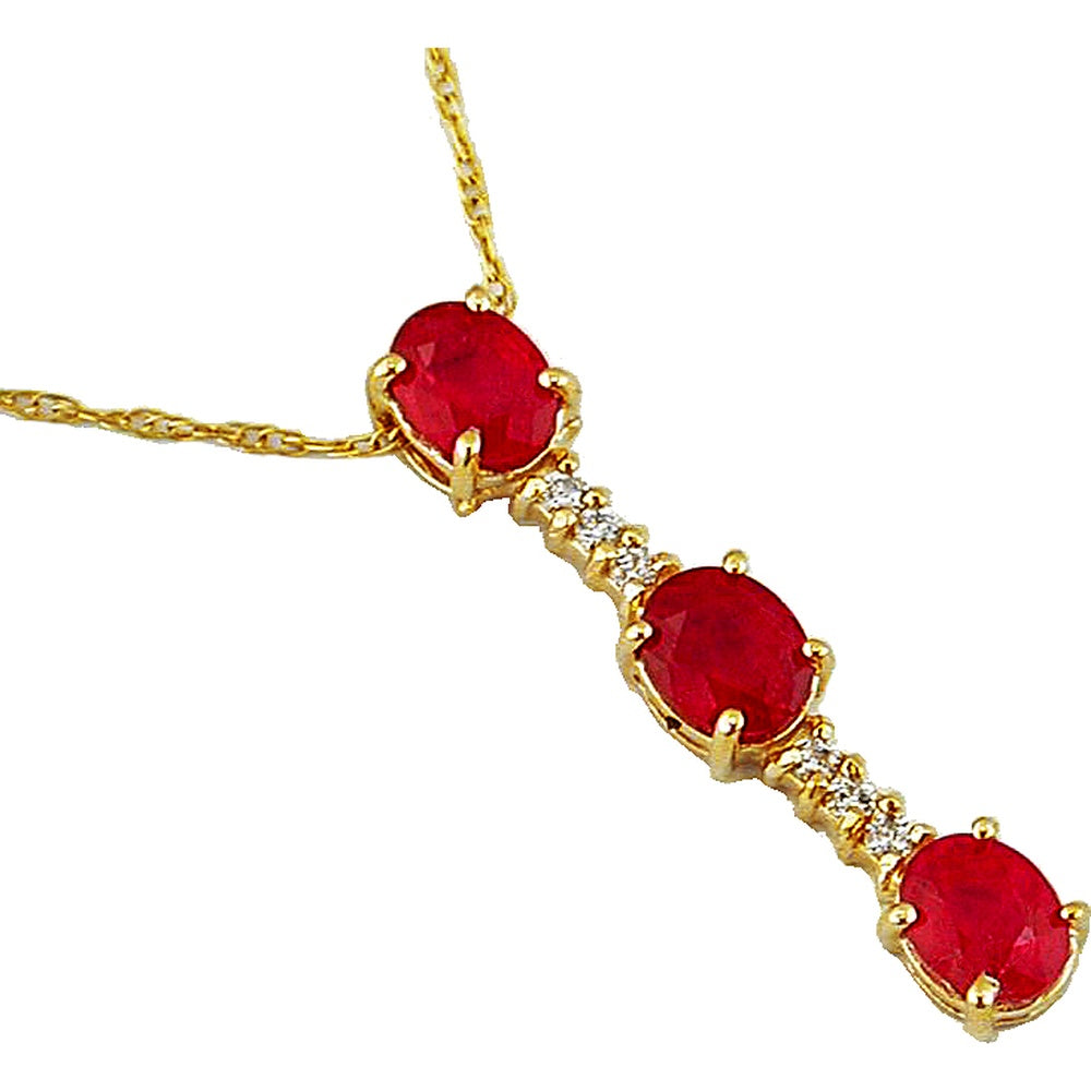 14K Yellow Gold Pendant Necklace with Three Oval Rubies and Round Diamond Accents - 1.20 Carat Total Ruby Weight and 0.06 Carat Total Diamond Weight - Royal Jewelry