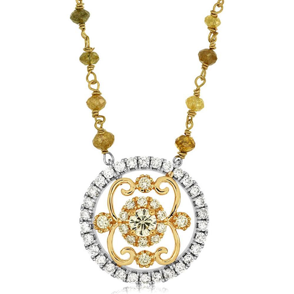 14K Yellow Gold Pendant Necklace with White Diamond Halo and Yellow Diamond Accents - 9.70 Carat Total Diamond Weight - Royal Jewelry