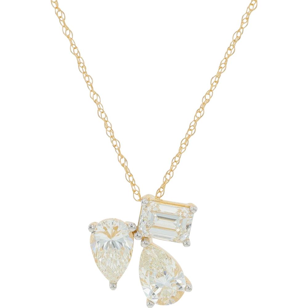 14K Yellow Gold Pendant with 1.50 Carat Lab Grown Pear and Emerald Cut Diamonds