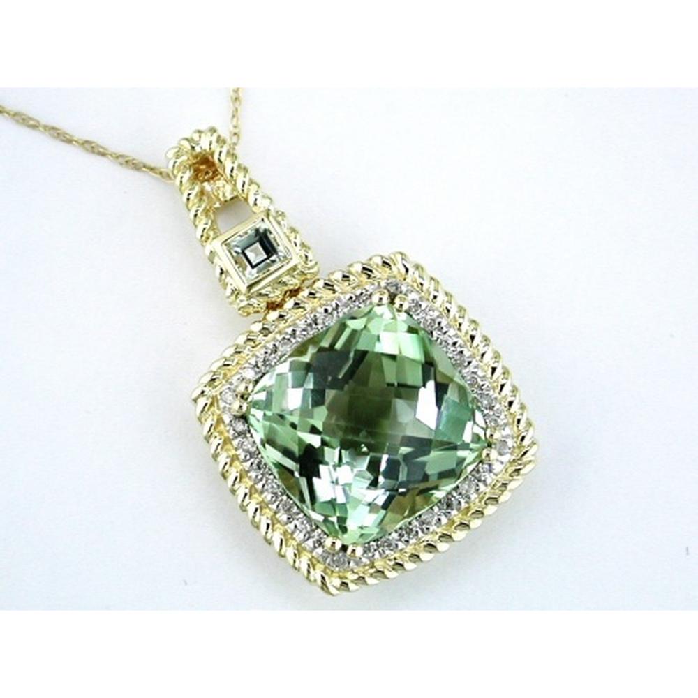 14K Yellow Gold Pendant with 10.00 Carats Cushion Cut Green Amethyst and 0.16 Carats Round Diamonds